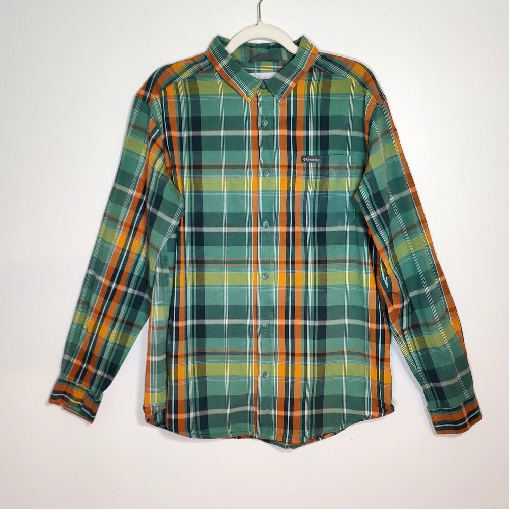 Columbia Green Plaid Cotton Long Sleeve Shirt Men Size L Outdoor Gorpcore